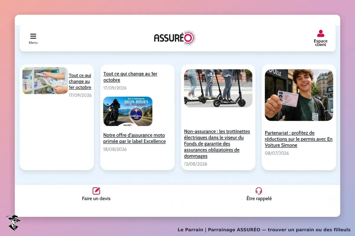ASSURÉO : page d'accueil avec articles et options de devis, espace client en haut à droite