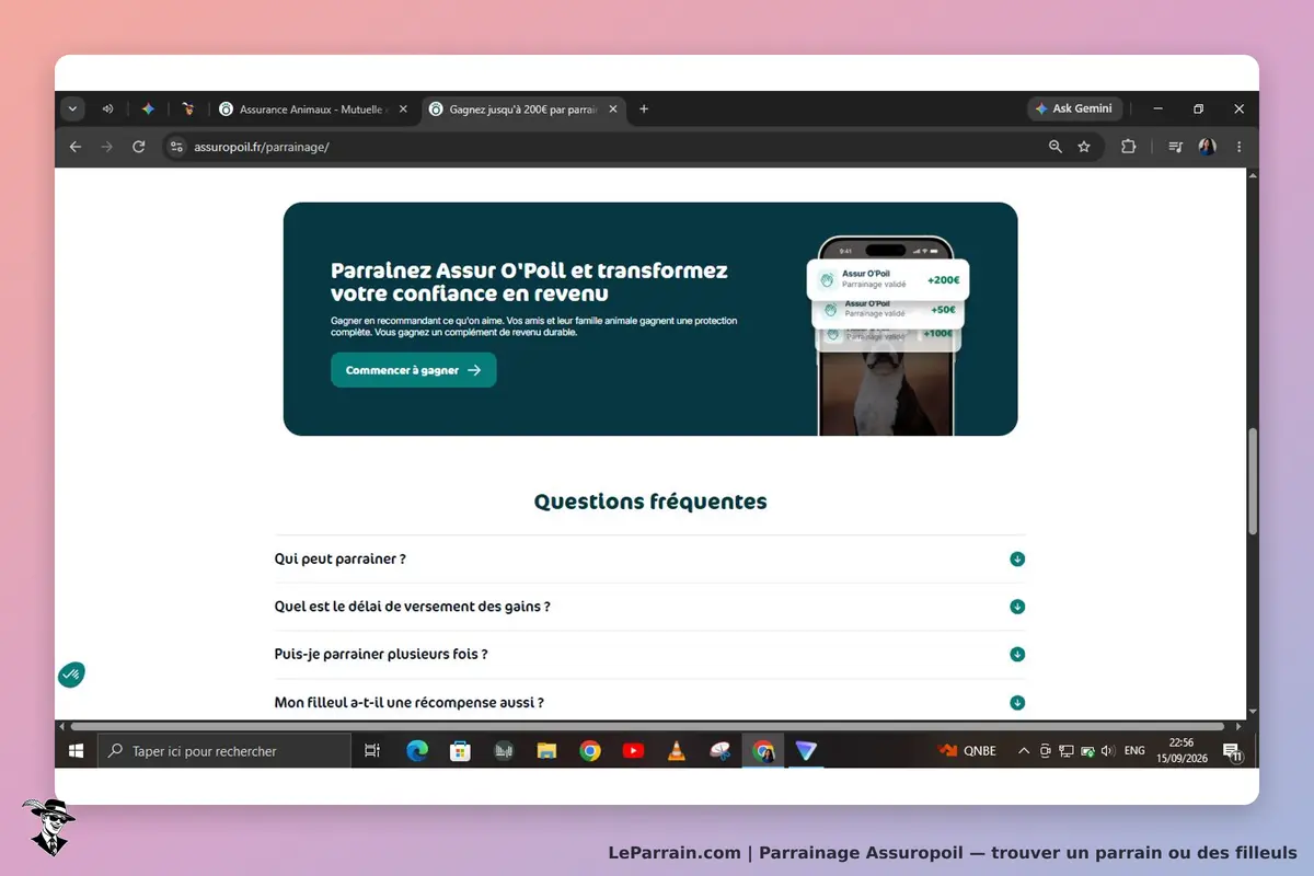 Assuropoil : page d'accueil avec un message sur le parrainage et des questions fréquentes