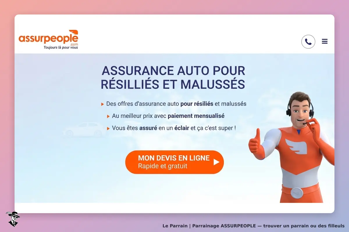 ASSURPEOPLE : page d'accueil avec un personnage en costume parlant d'assurance auto
