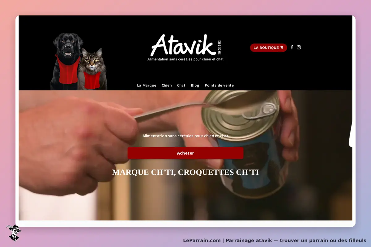 Atavik : page d'accueil avec un homme ouvrant une boîte de nourriture pour animaux