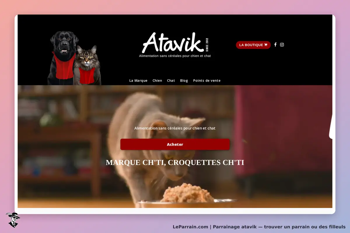 Atavik : page d'accueil avec un chat mangeant des croquettes et des chiens en illustration