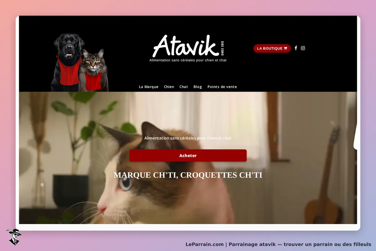 Atavik : page d'accueil avec un chat et un chien, et un bouton d'achat pour des croquettes
