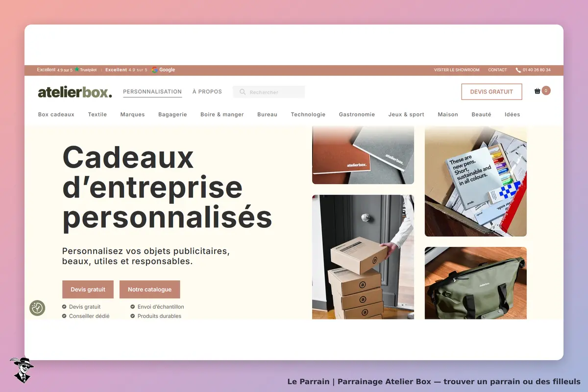 Atelier Box : page d'accueil présentant des cadeaux d'entreprise personnalisés et des produits