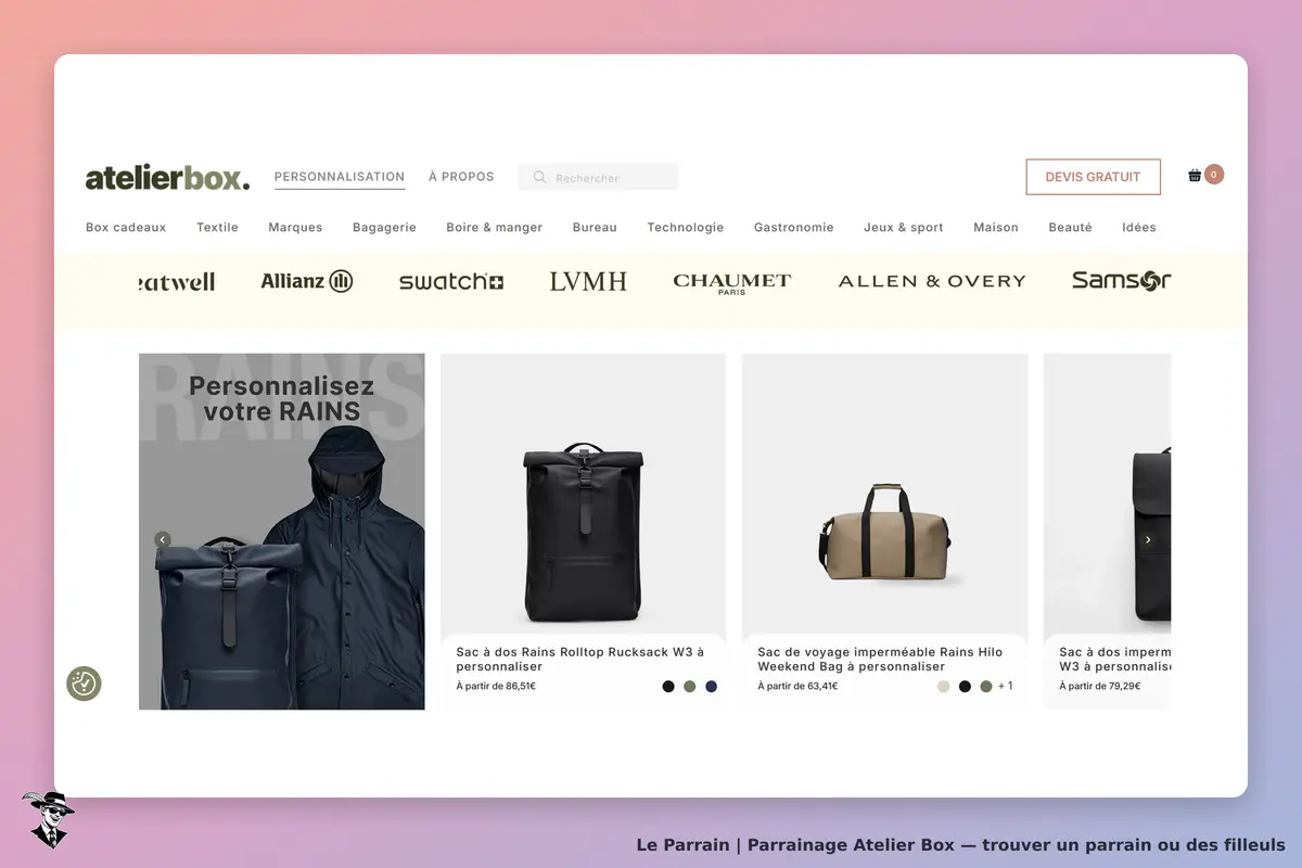 Atelier Box : atelierbox : page d'accueil présentant des sacs personnalisables de la marque Rains