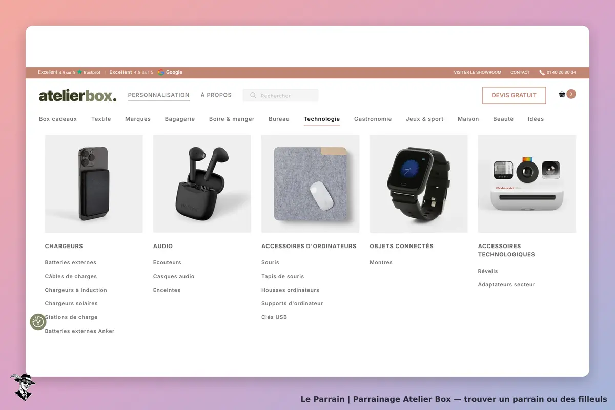 Atelier Box : page d'accueil avec produits technologiques et catégories affichées