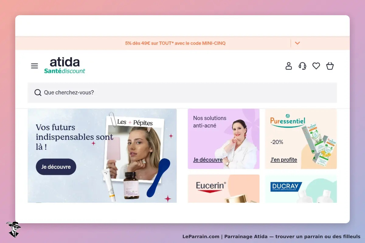 Atida : page d'accueil avec une barre de recherche et des produits en promotion, visuels attractifs