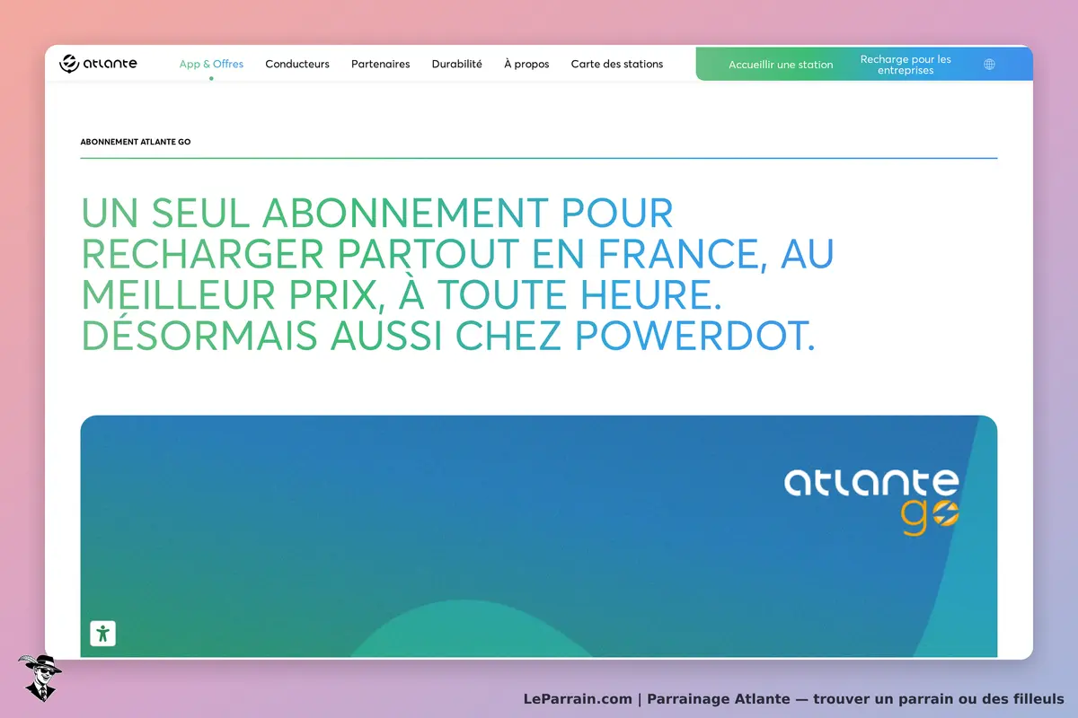 Atlante : page d'accueil présentant l'abonnement Atlante Go avec un visuel coloré