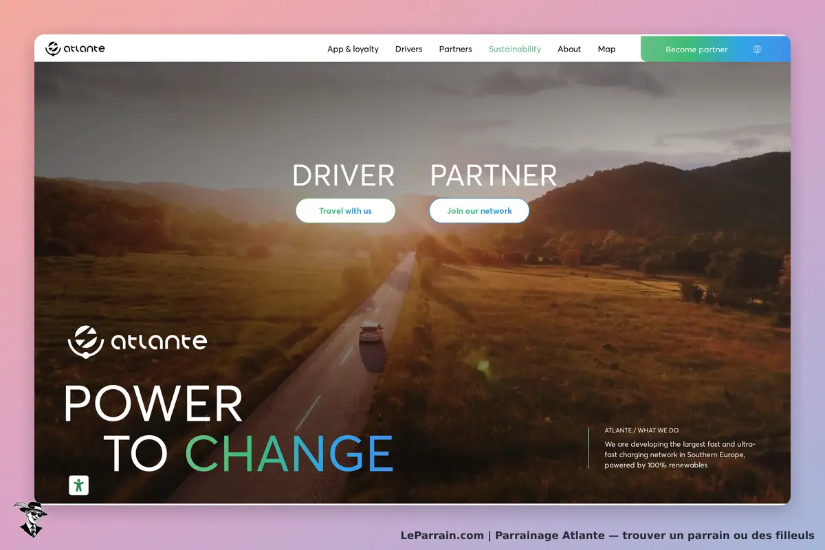 Atlante : page d'accueil avec un paysage, options pour conducteurs et partenaires