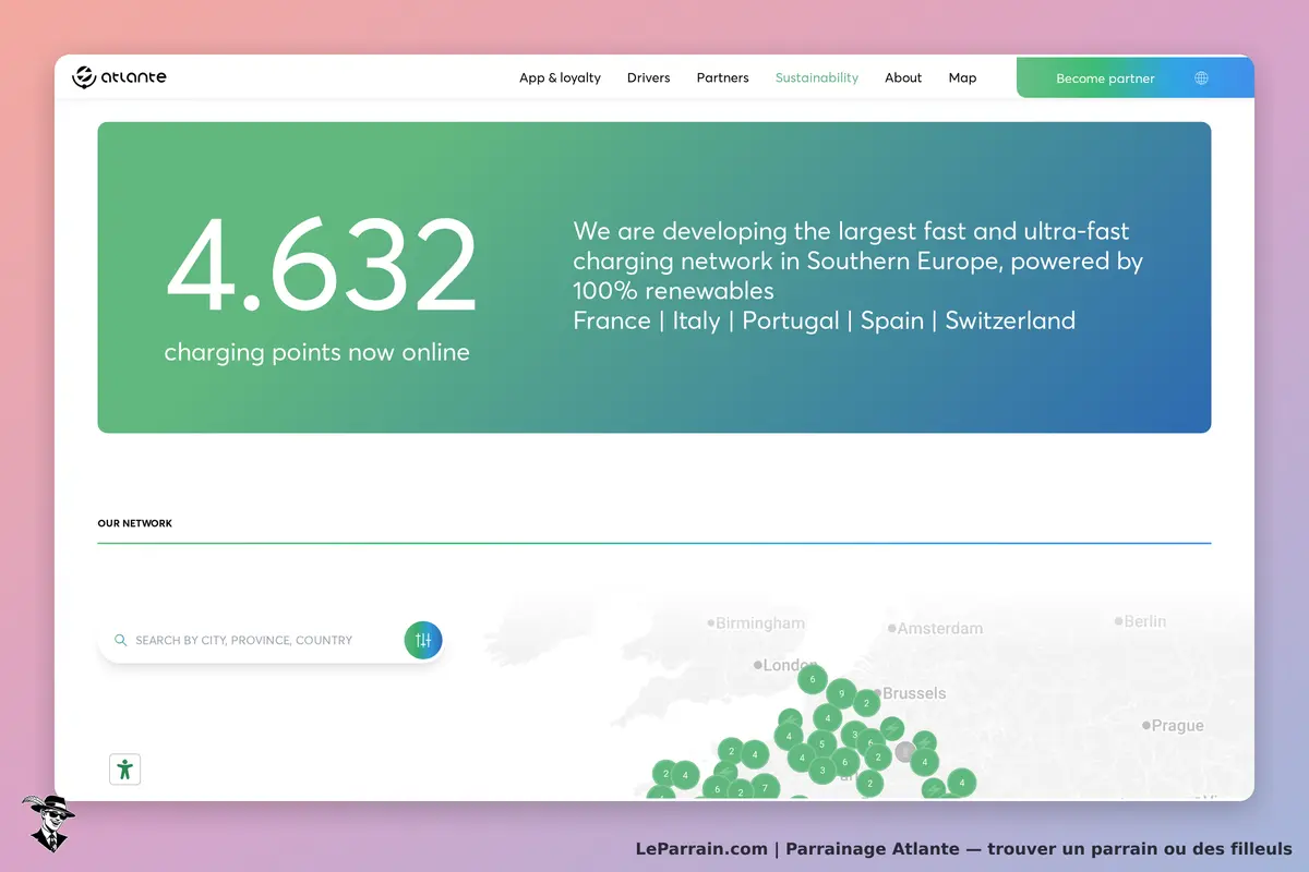 Atlante : page d'accueil affichant le nombre de points de recharge et une carte de localisation