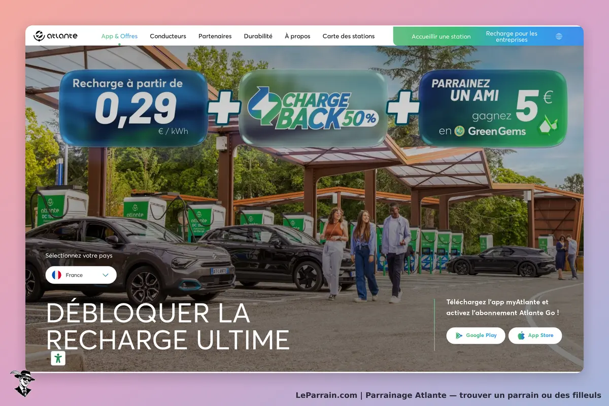 Atlante : page d'accueil avec des bornes de recharge et des personnes marchant près de voitures