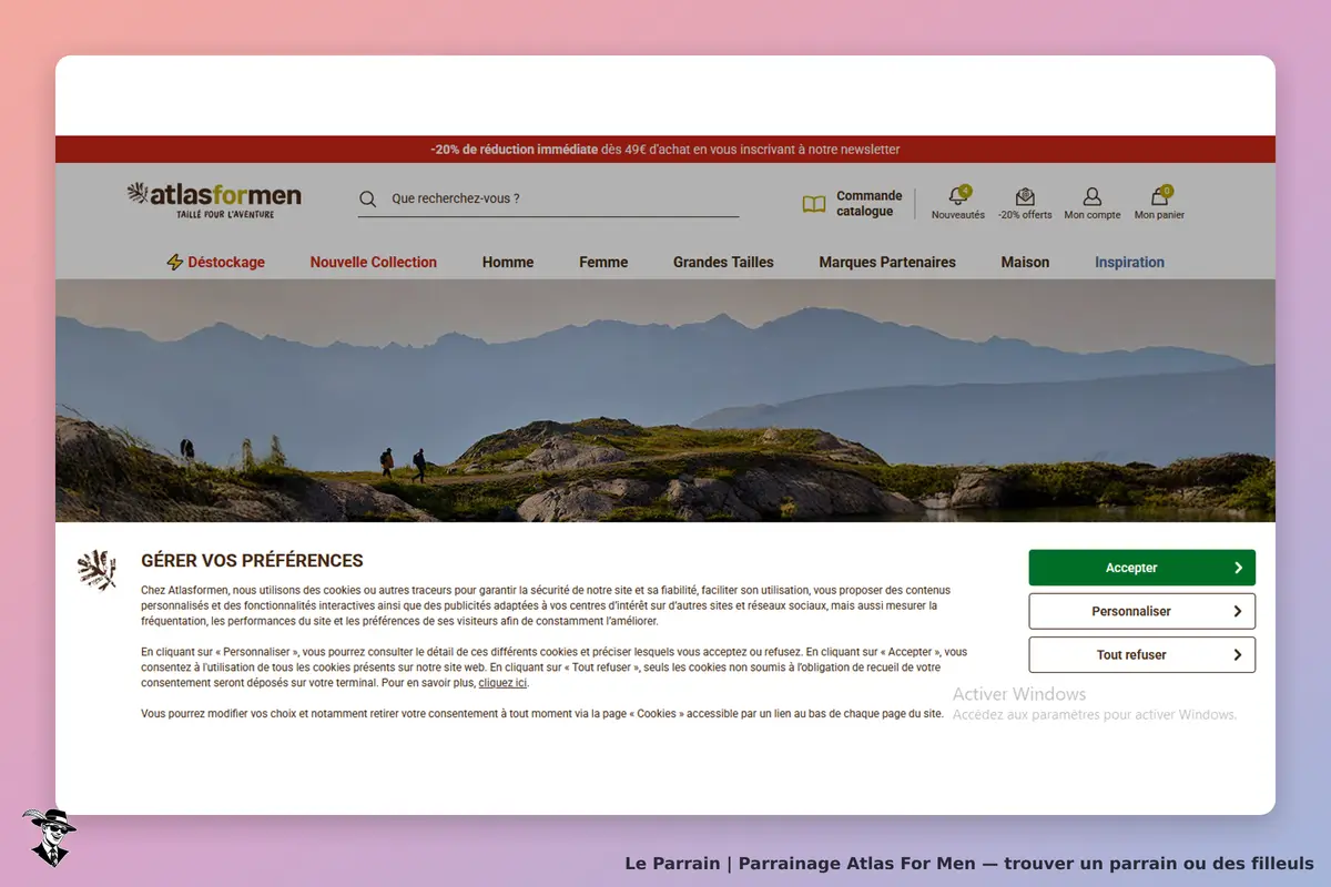 Atlas For Men : page d'accueil avec options de gestion des préférences et paysage montagneux en