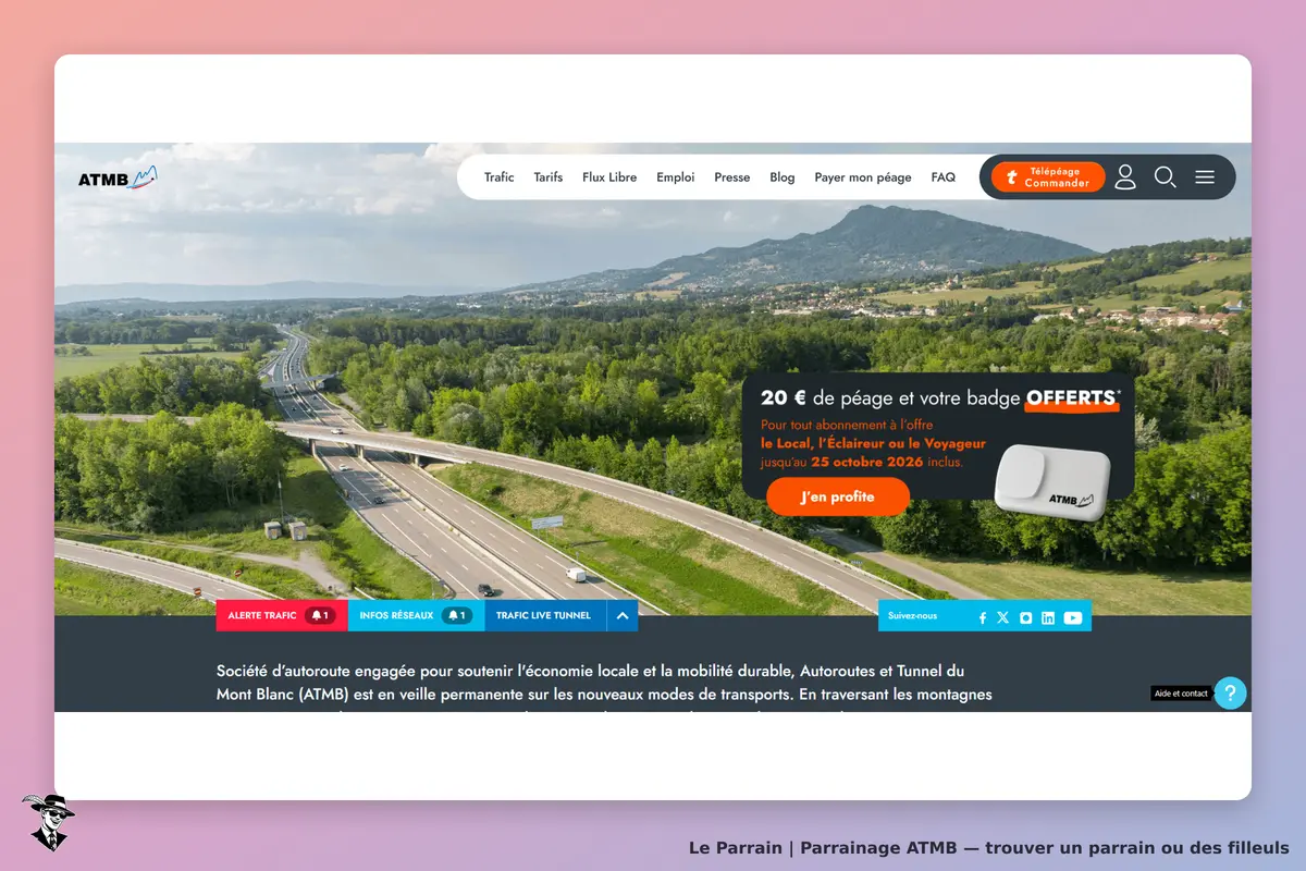 ATMB : page d'accueil avec un paysage routier et des informations sur les services de péage
