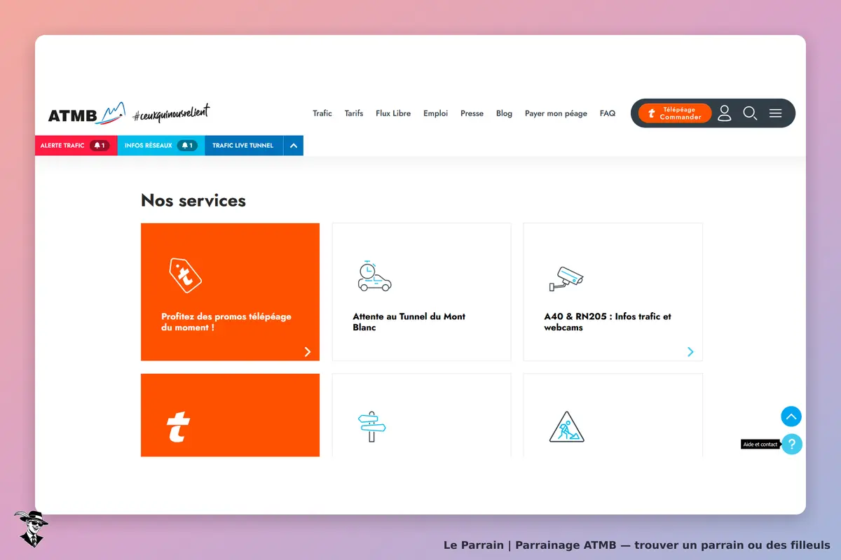 ATMB : page d'accueil avec les services et promotions de télépéage affichés