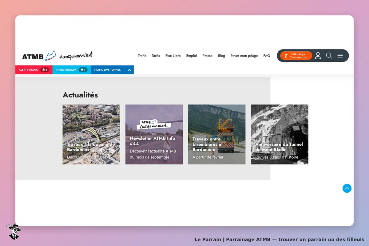 ATMB : page d'accueil avec actualités sur les travaux et la newsletter
