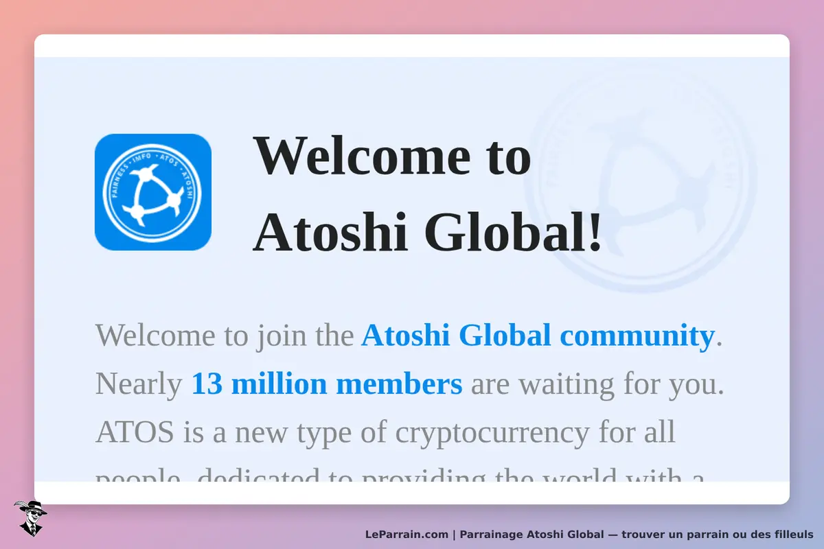Atoshi Global : page d'accueil avec un message de bienvenue et une description de la communauté