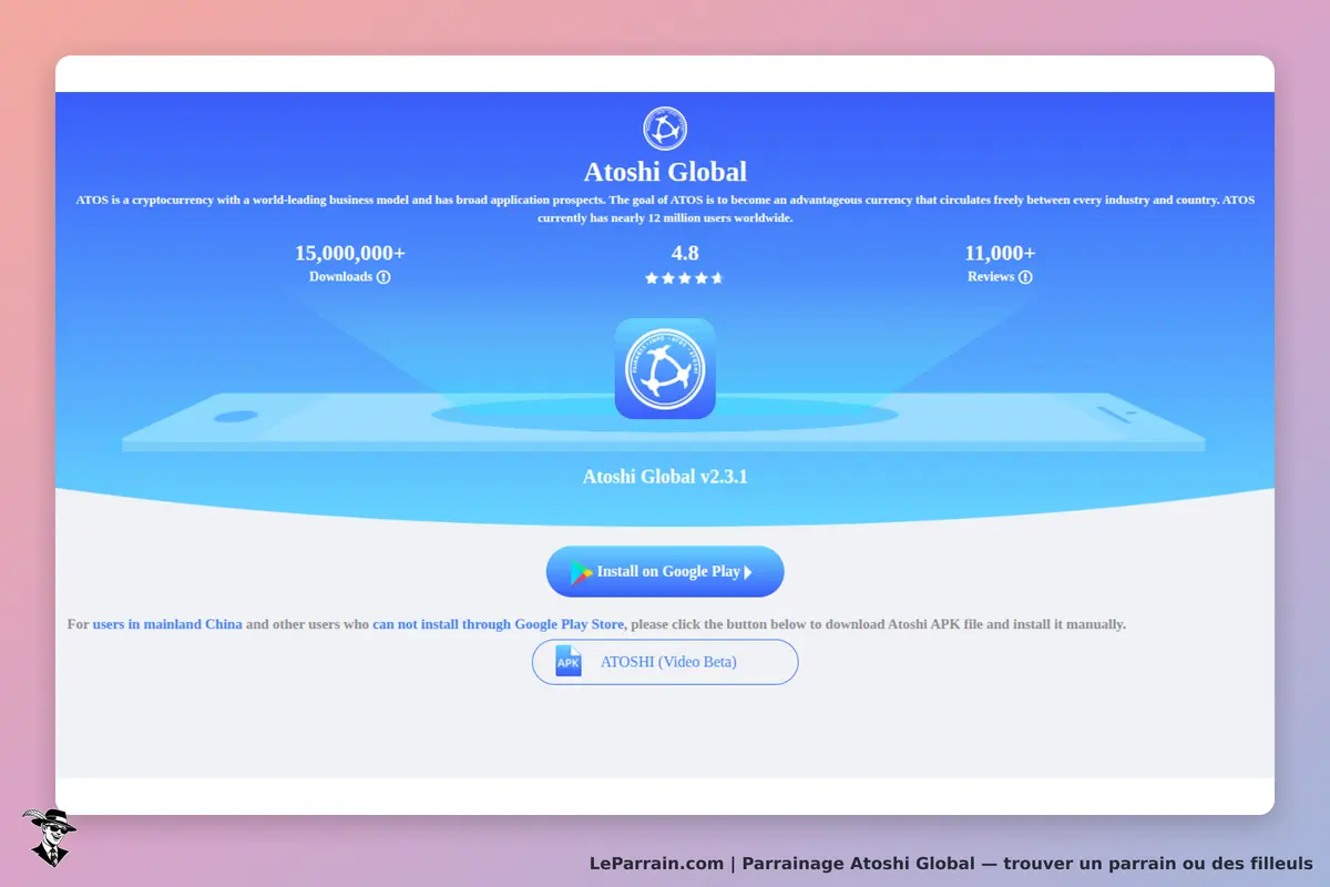 Atoshi Global : page d'accueil avec logo, téléchargements, note et options d'installation