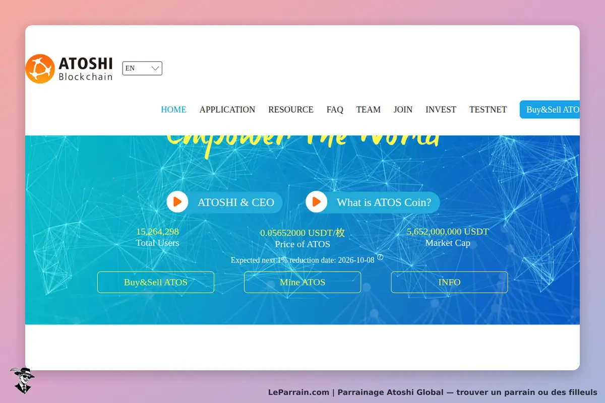 Atoshi Global : page d'accueil avec informations sur les utilisateurs et les boutons d'action