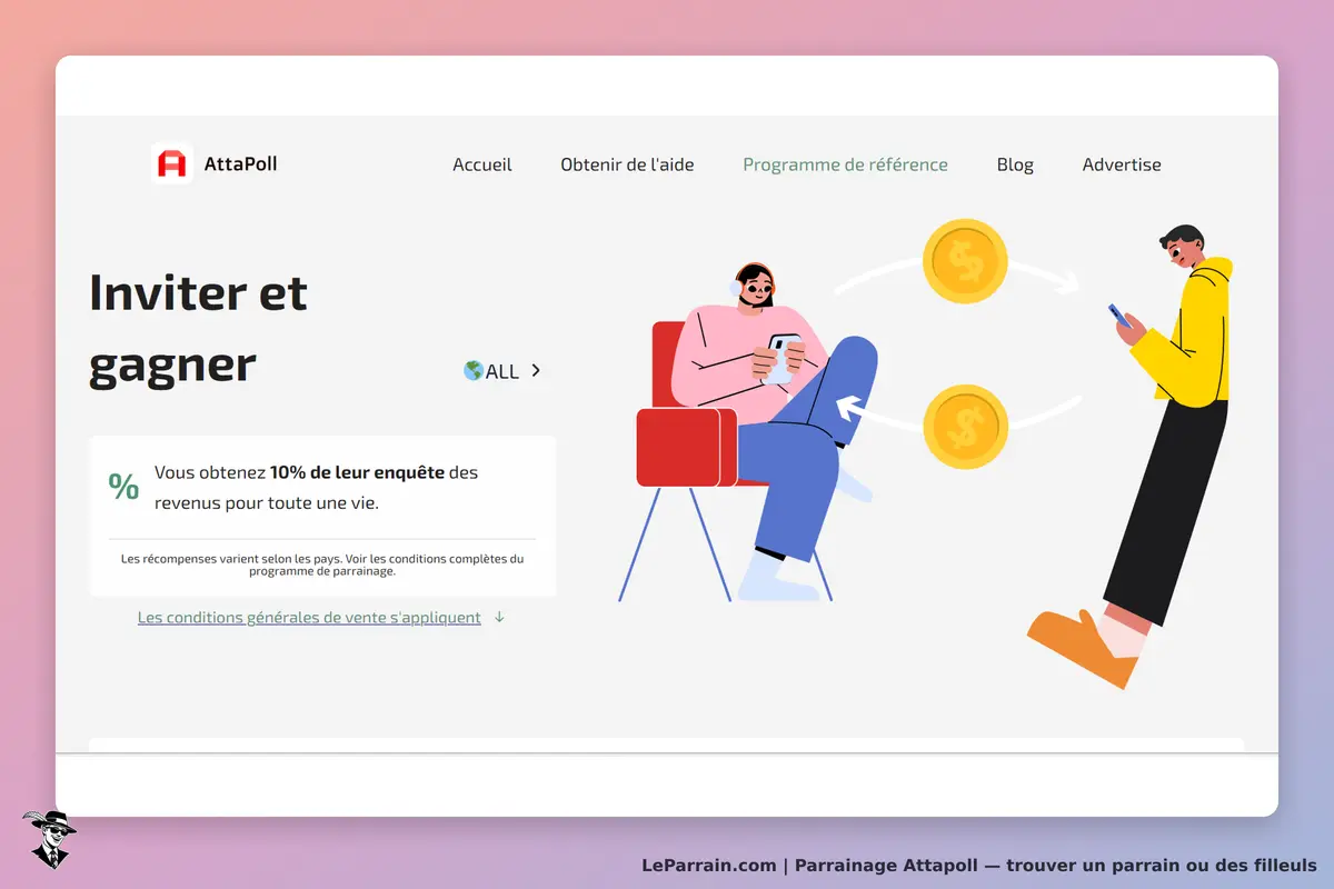 AttaPoll : page d'accueil avec illustration d'utilisateurs et informations sur le parrainage