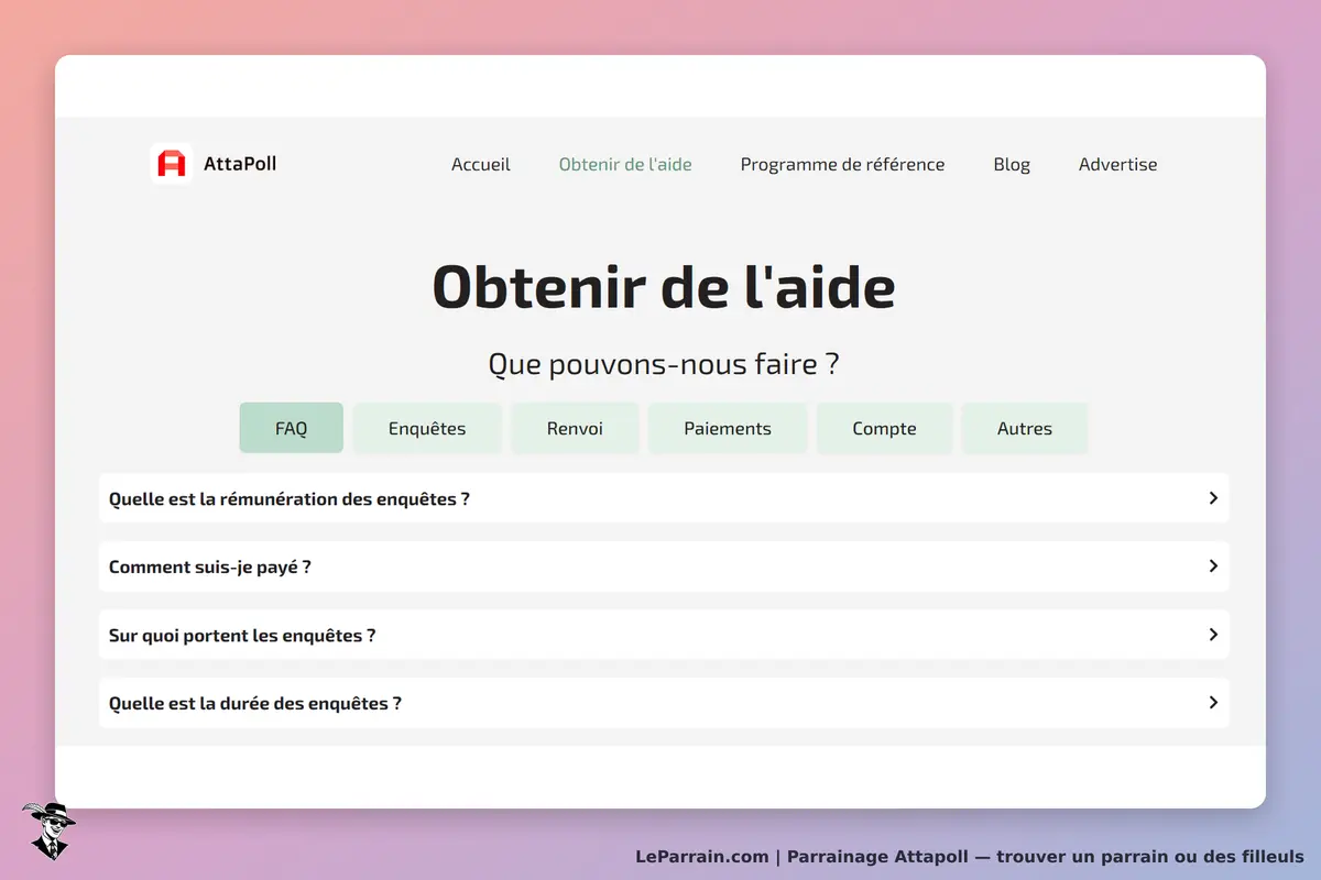 AttaPoll : page d'aide avec questions fréquentes sur les enquêtes et options de navigation