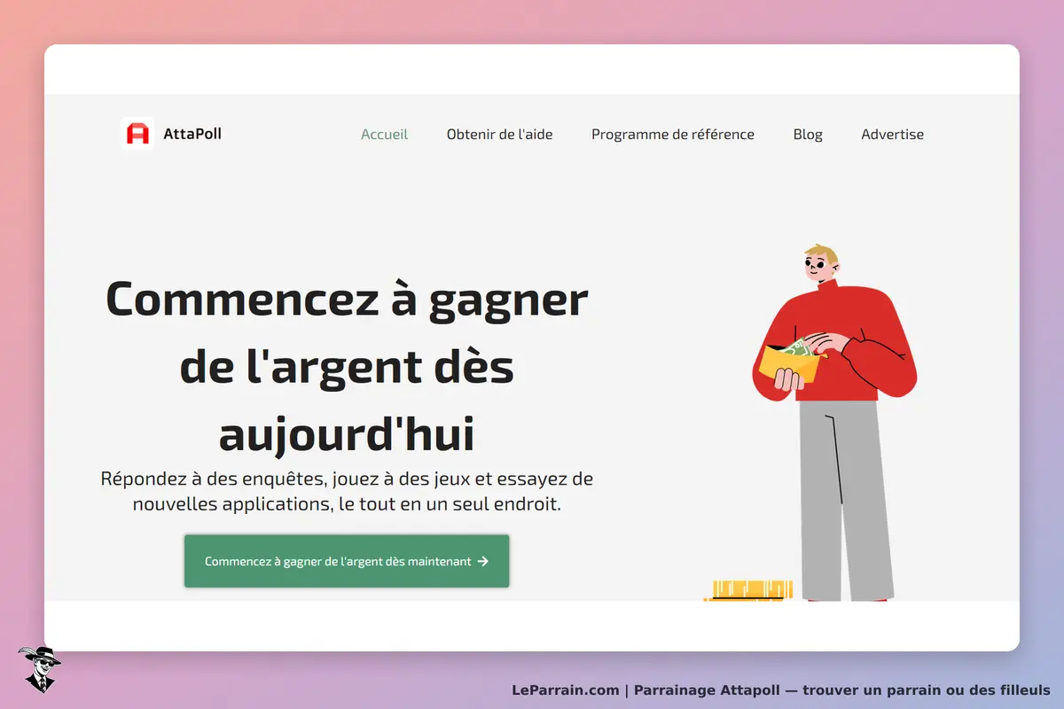 AttaPoll : page d'accueil avec un personnage tenant une enveloppe et un texte d'invitation