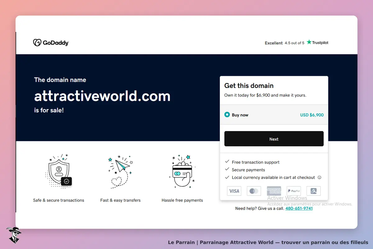 Attractive World : goDaddy : page de vente du domaine attractiveworld.com avec options de paiement