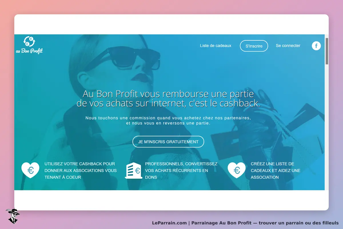 Au Bon Profit : page d'accueil avec slogan sur le cashback et boutons d'inscription et de connexion