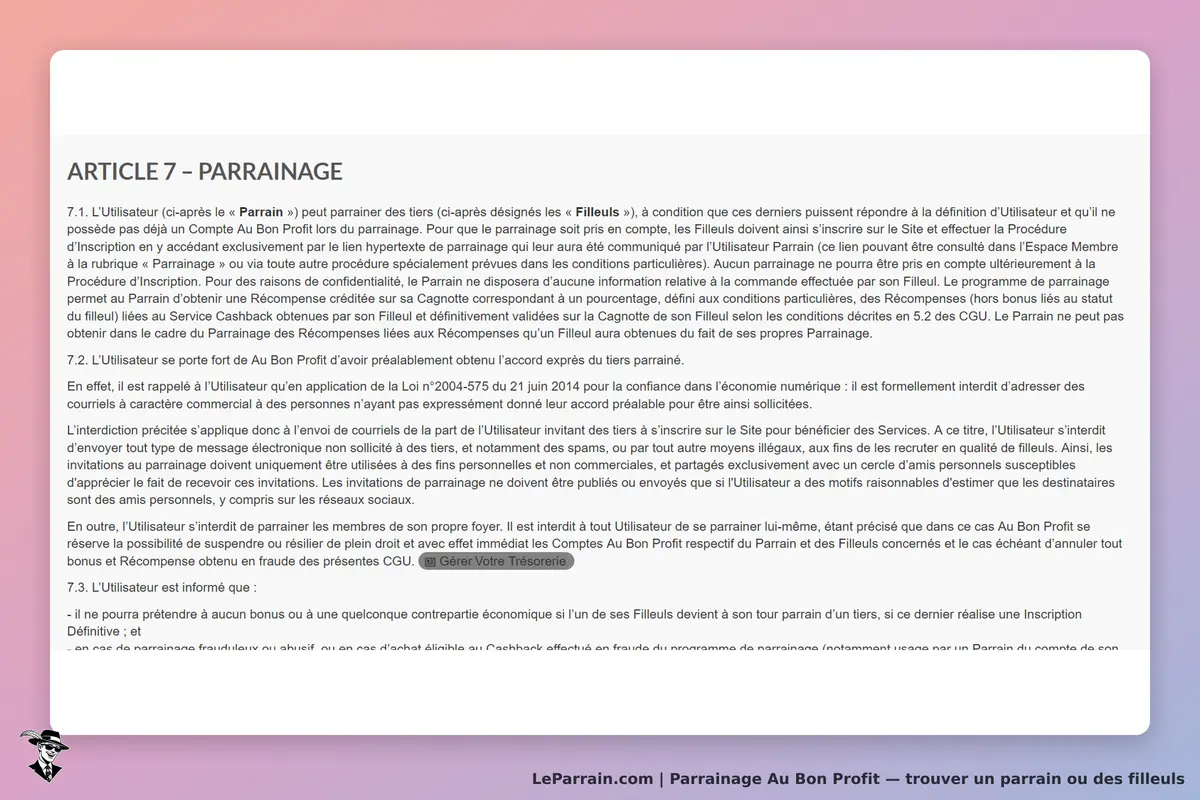 Au Bon Profit : texte sur le parrainage et conditions d'inscription des filleuls