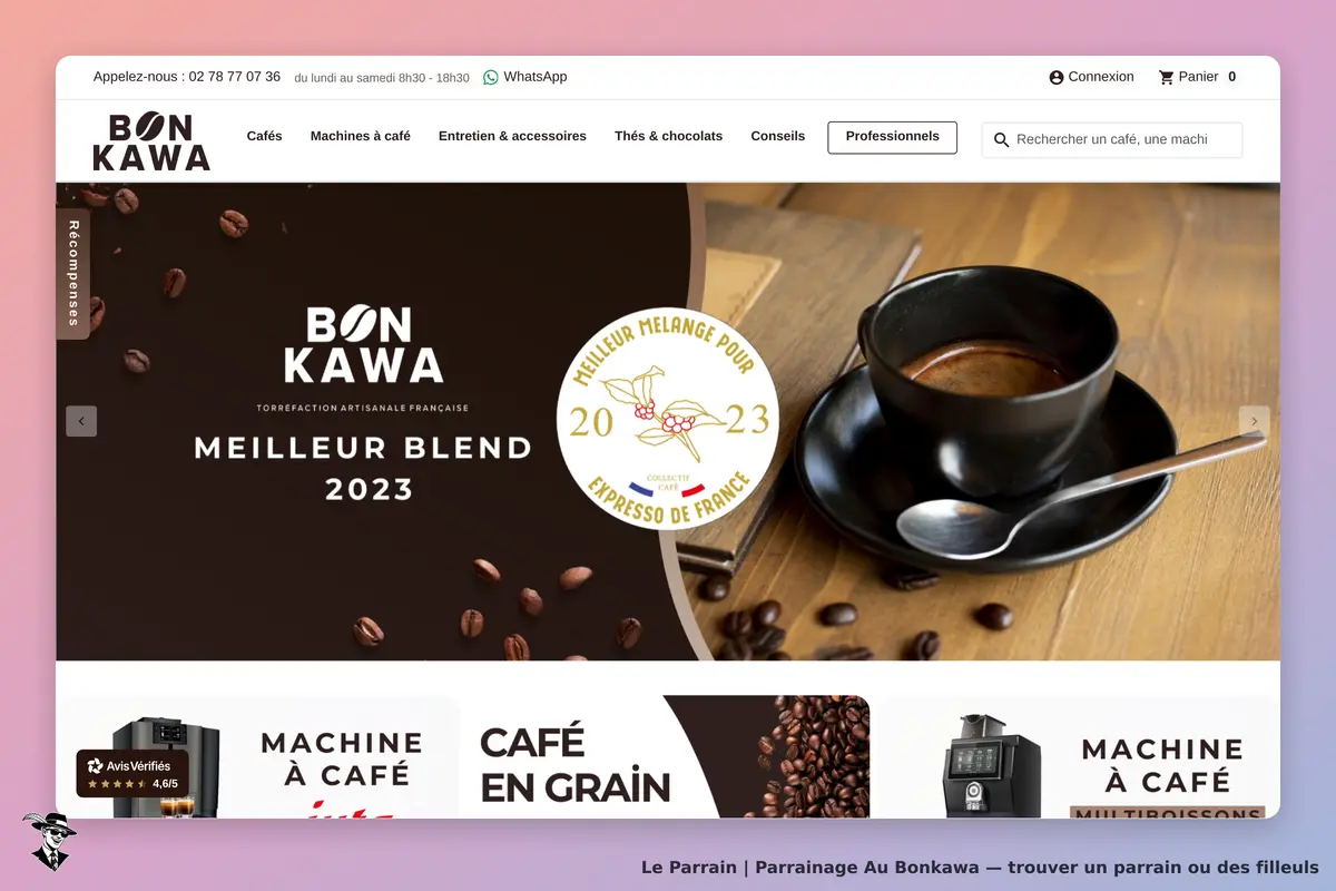 Au Bonkawa : page d'accueil avec café, produits et informations sur le meilleur blend 2023