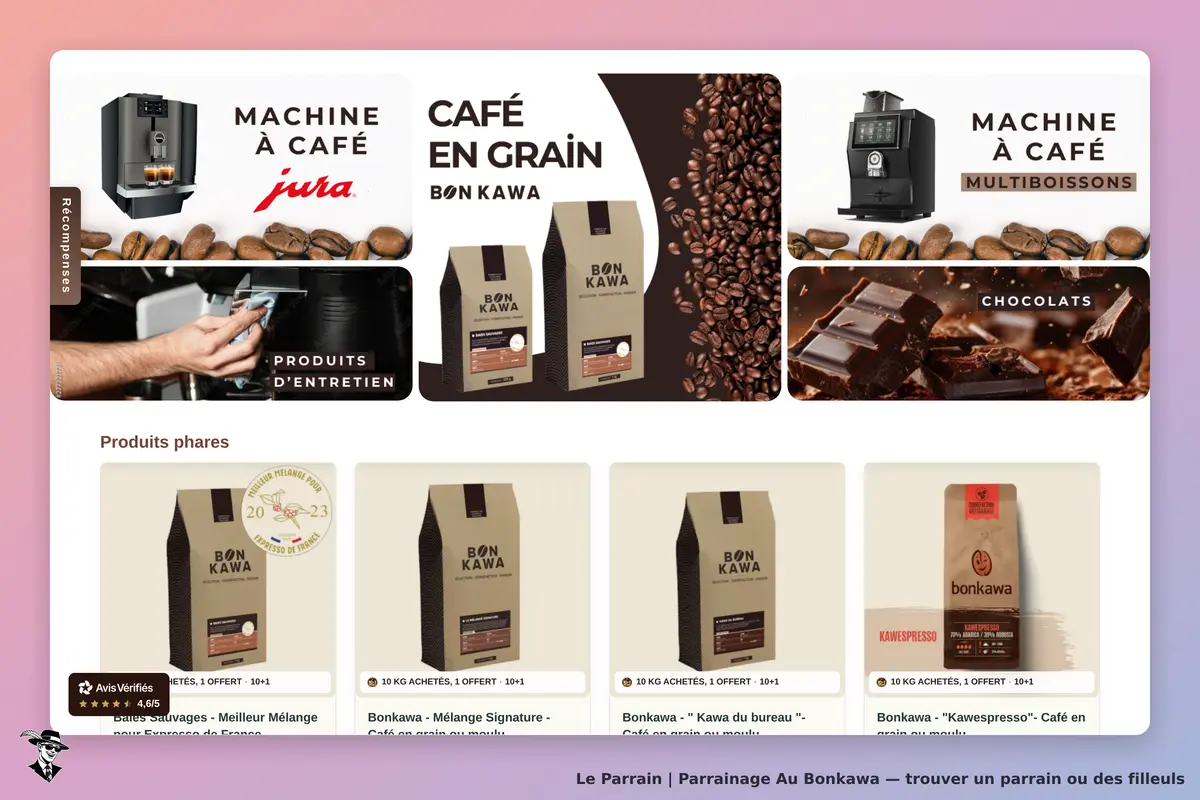 Au Bonkawa : page d'accueil avec machines à café, café en grain et produits phares affichés
