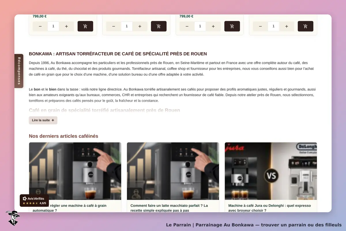 Au Bonkawa : page d'accueil présentant des machines à café et articles liés au café