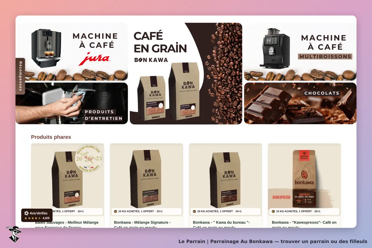 Au Bonkawa : page d'accueil avec machines à café, café en grain et produits d'entretien