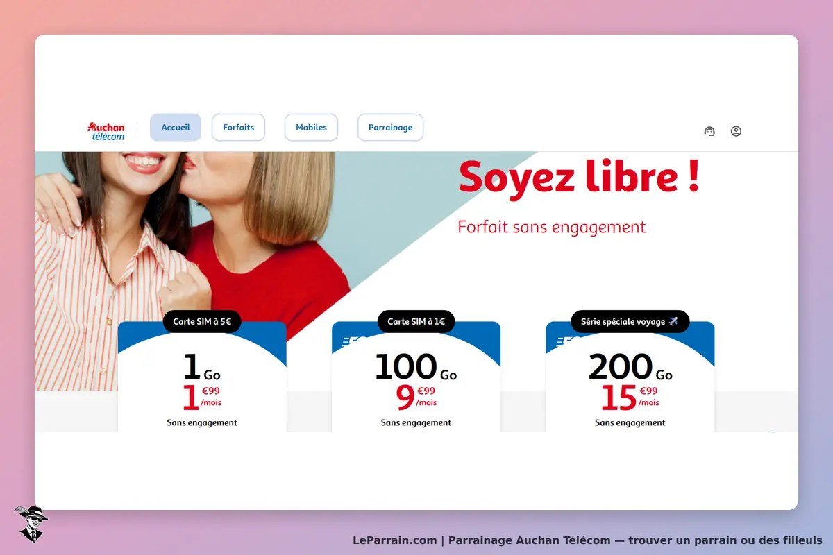 Auchan Télécom : page d'accueil avec un slogan et plusieurs forfaits affichés