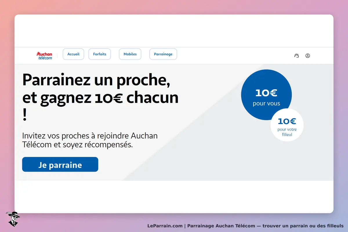 Auchan Télécom : page d'accueil avec invitation au parrainage et bouton "Je parraine"