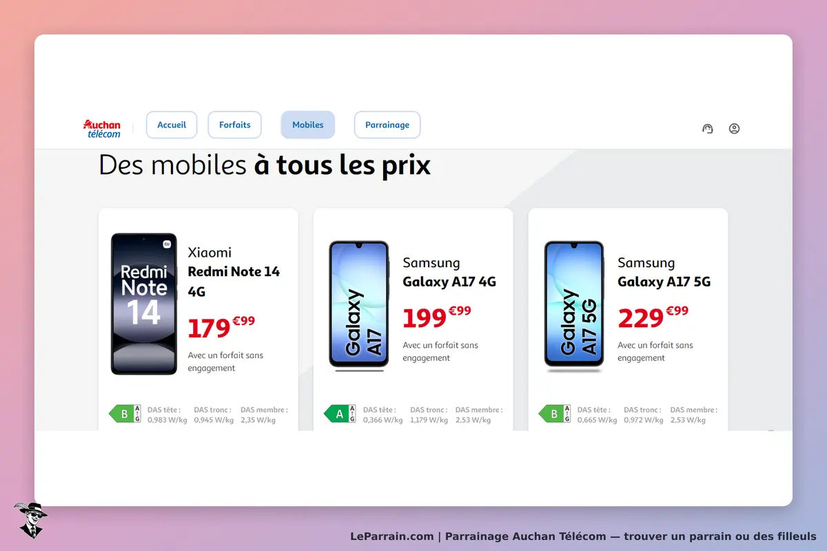 Auchan Télécom : trois modèles de smartphones affichés avec leurs caractéristiques et prix