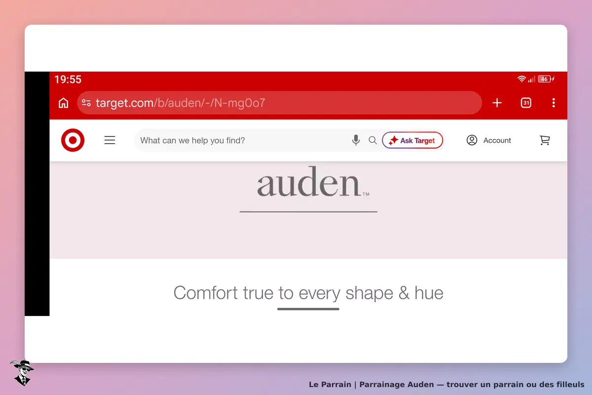 Auden : logo et slogan sur fond rose, mentionnant le confort pour toutes les morphologies