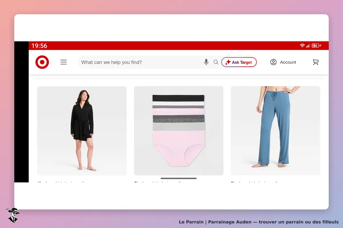Auden : target : page d'accueil avec vêtements féminins, dont un peignoir et des sous-vêtements