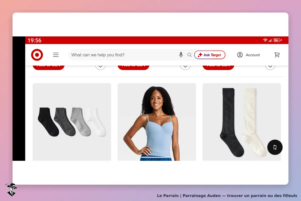 Auden : target : affichage de chaussettes et d'un modèle en haut d'une page de produits