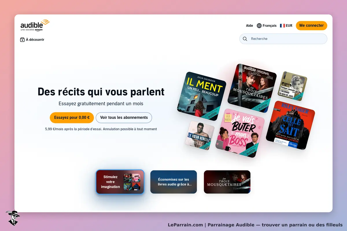Audible : page d'accueil avec promotions de livres audio et options d'abonnement visibles