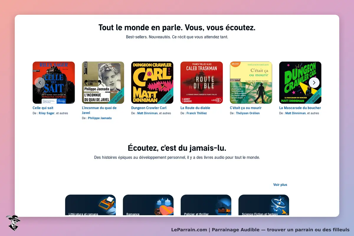 Audible : page d'accueil avec des couvertures de livres audio et des catégories de genres