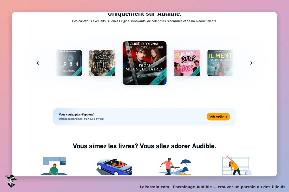Audible : page d'accueil avec des couvertures d'audiobooks et des illustrations en bas