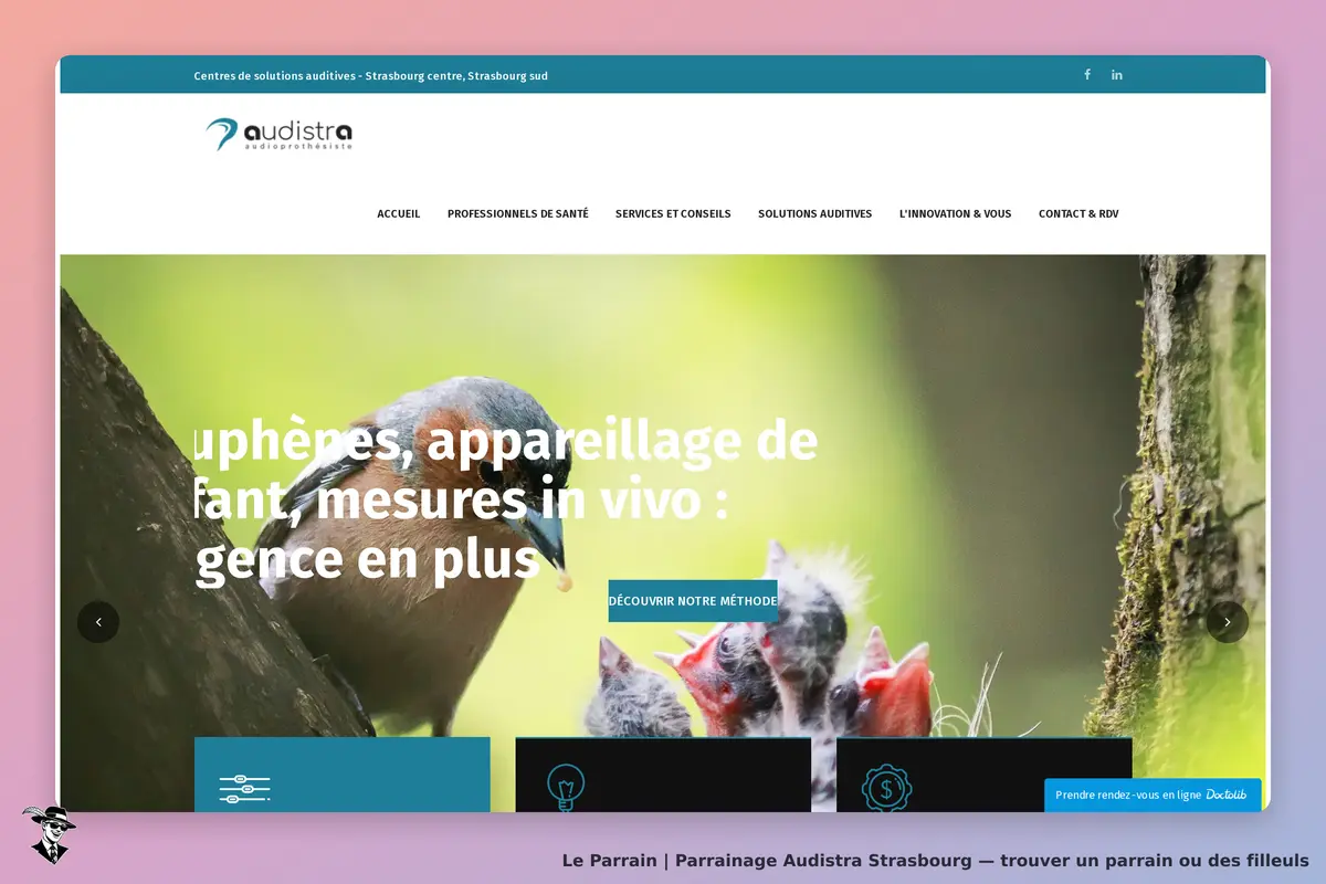 Audistra Strasbourg : audistra : page d'accueil avec un oiseau et des oisillons sur fond flou et