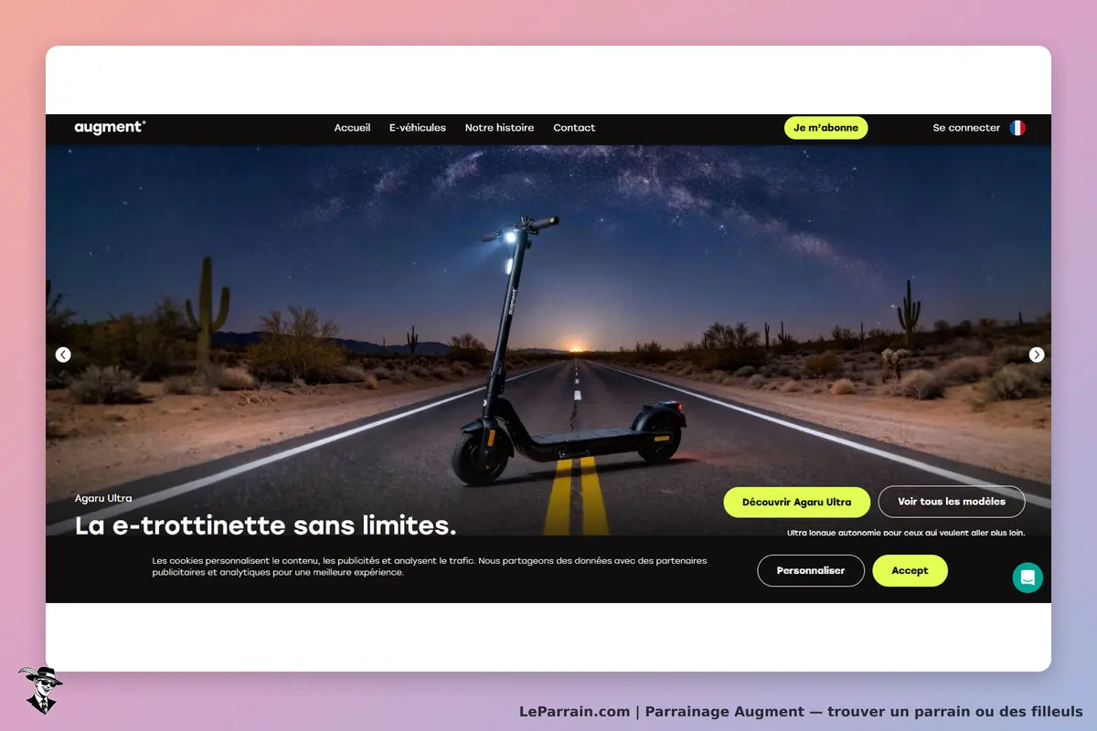 Augment : page d'accueil présentant une e-trottinette sur une route désertique sous un ciel étoilé