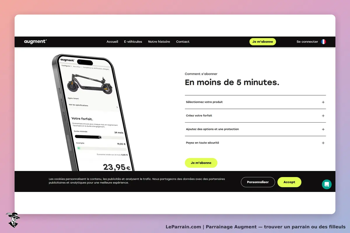 augment : page d'accueil avec un smartphone affichant un scooter et un formulaire d'abonnement