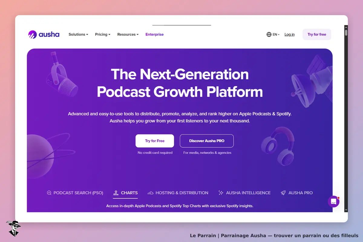 Ausha : page d'accueil présentant la plateforme de croissance pour podcasts avec des visuels