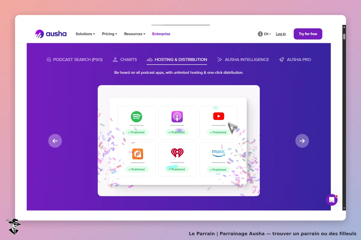 Ausha : page d'accueil avec icônes de distribution de podcasts et animation festive
