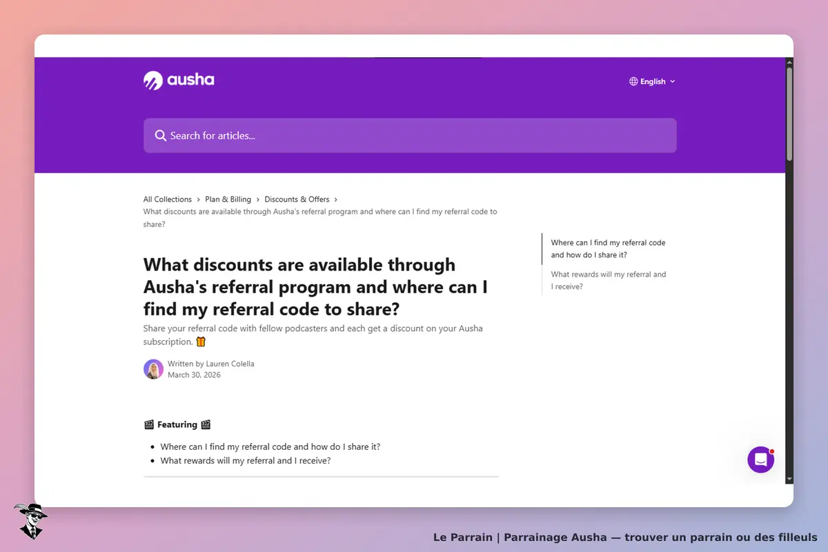 Ausha : page d'accueil avec un article sur le programme de parrainage et des questions fréquentes