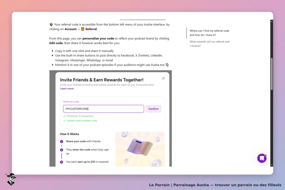 Ausha : capture d'écran de la section parrainage avec un code de référence et des instructions