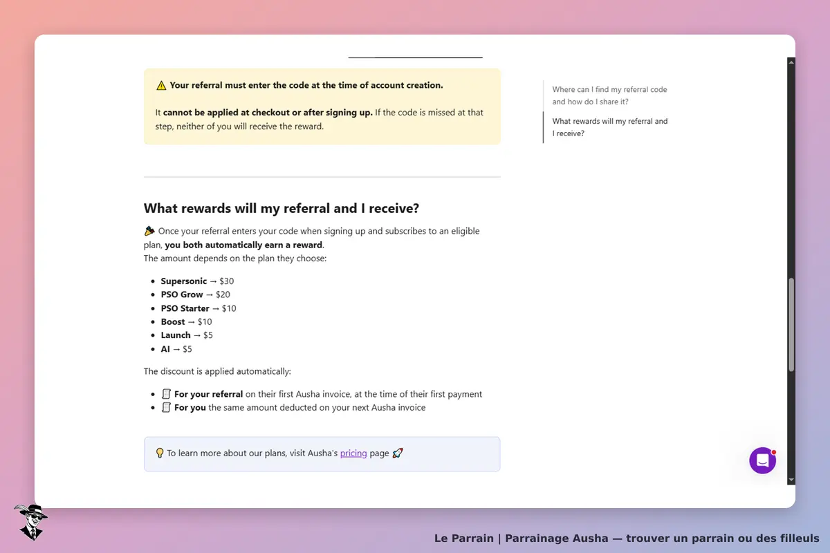 Ausha : page d'information sur les récompenses de parrainage et conditions d'utilisation