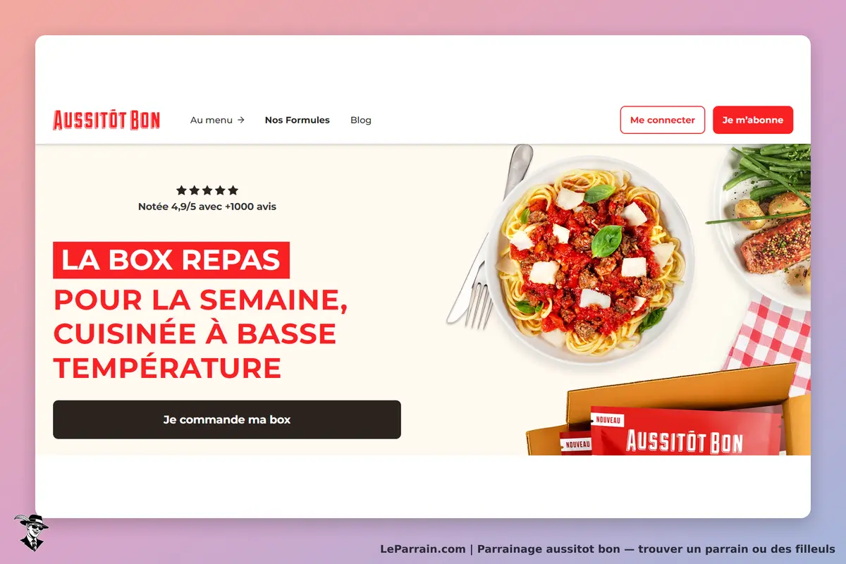 aussitot bon : aussitôt Bon : page d'accueil présentant une box repas avec des pâtes et des