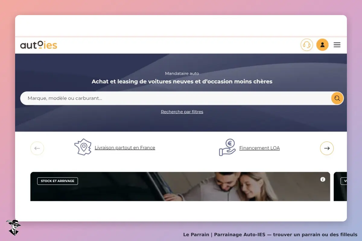 Auto-IES : page d'accueil avec un formulaire de recherche et des options de livraison et